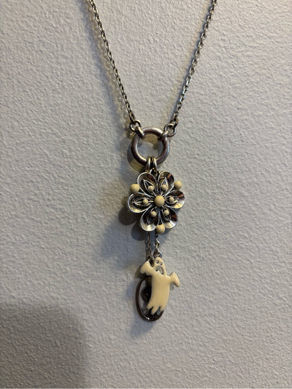 Pilgrim Silver Necklace with Cream Flower & Ghost Charms